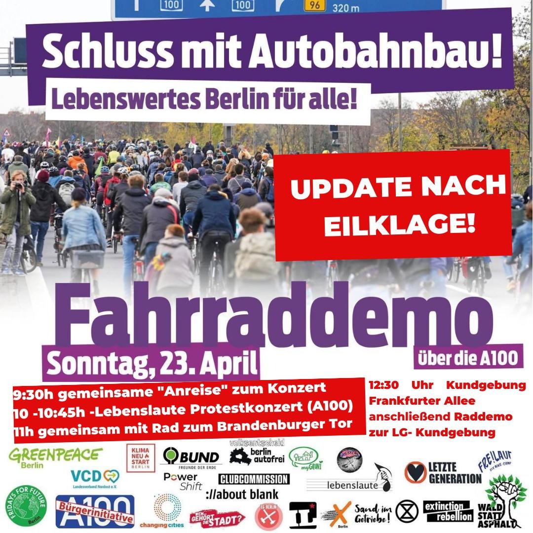 Neuer Aufruf für Fahrarddemo gegen Weiterbau der A100 am 23.4. in berlin
