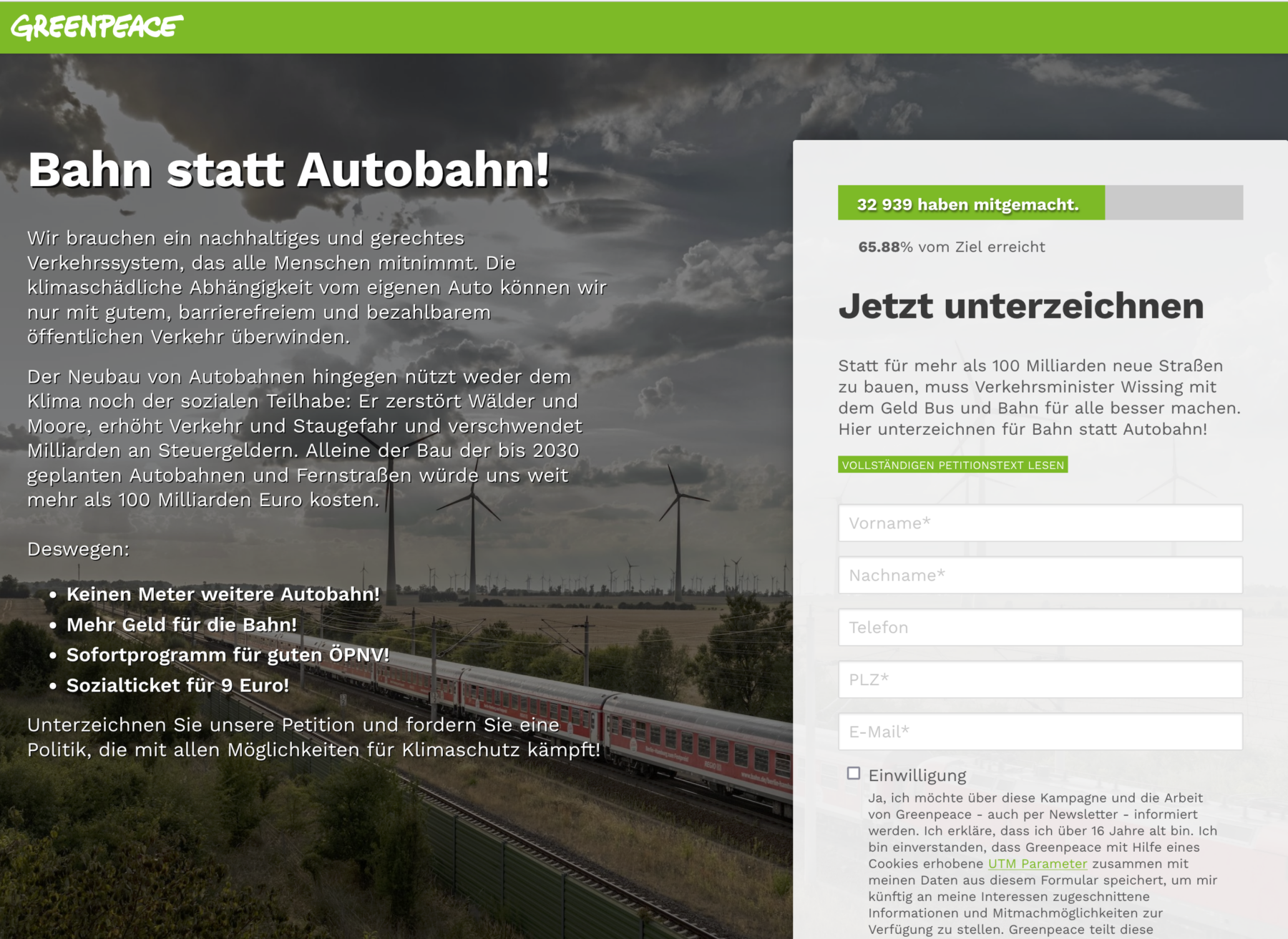 Greenpeace-Petition "Bahn statt Autobahn"