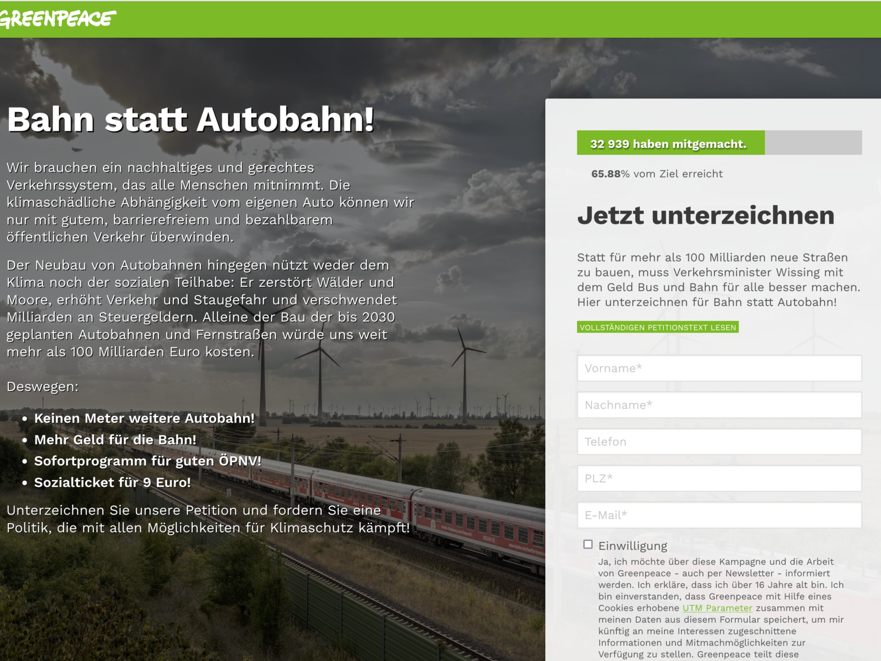 Greenpeace-Petition "Bahn statt Autobahn"