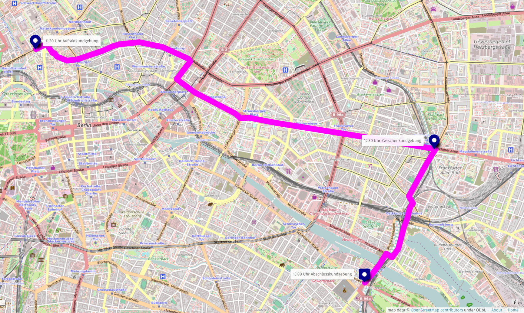 Route der Fahrraddemo gegen den Weiterbau der A100 am 2.3.24