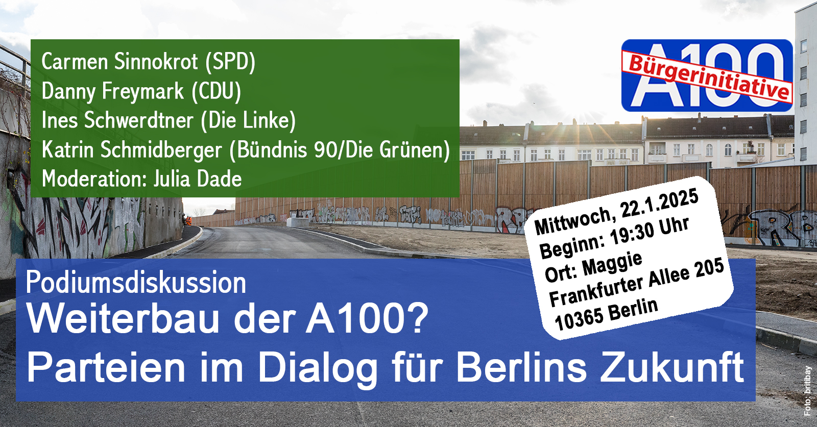 Podiumsdiskussion zum Thema "Weiterbau der A100? Parteien im Dialog für Berlins Zukunft" am 22.1.25 im Maggie