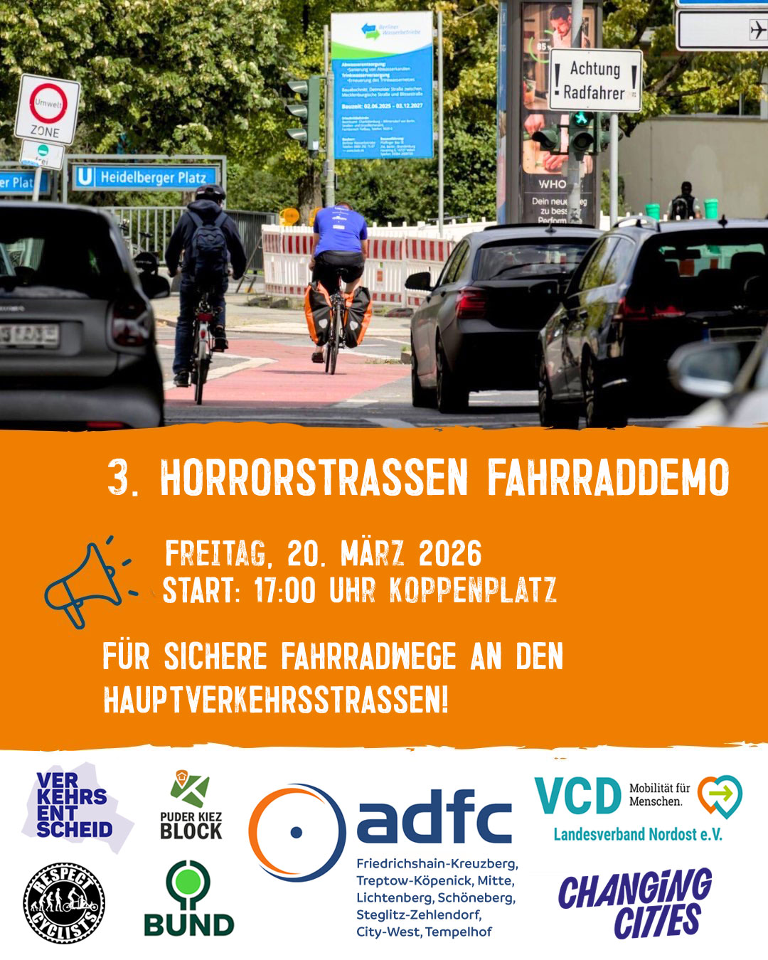 20. März 2026: Dritte „Horrorstraßendemo“ rollt zum Brandenburger Tor: ADFC fordert ein Ende der gefährlichen Radverkehrspolitik.