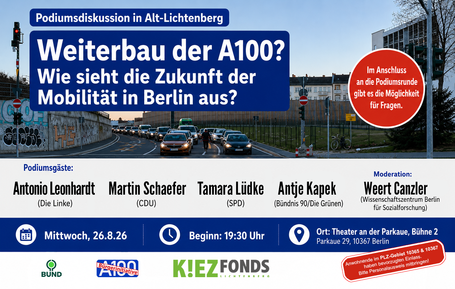 Podiumsdiskussion am 26.8.: Weiterbau der A100?