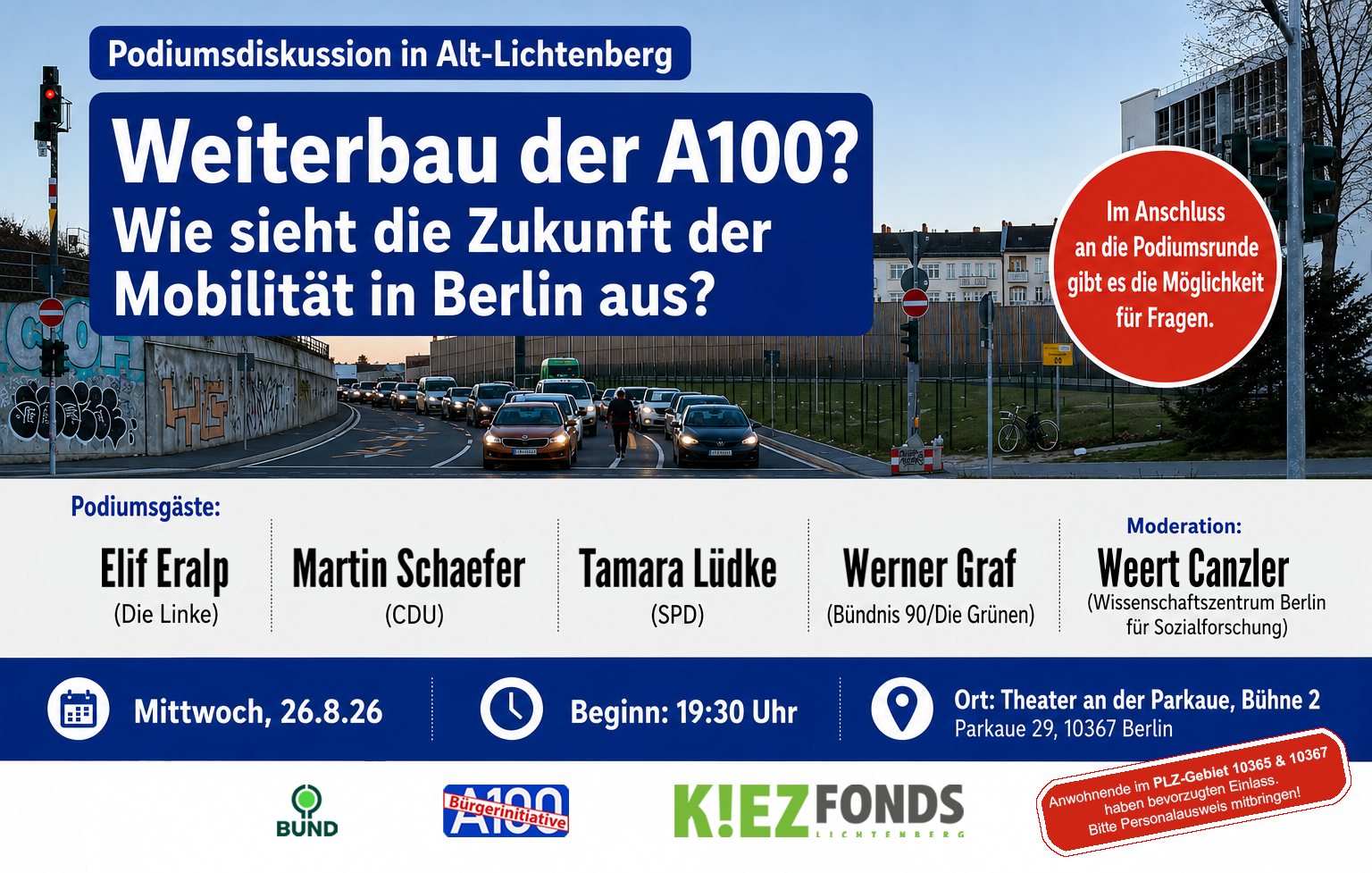 Podiumddiskussion am 26.8.: Weiterbau der A100?