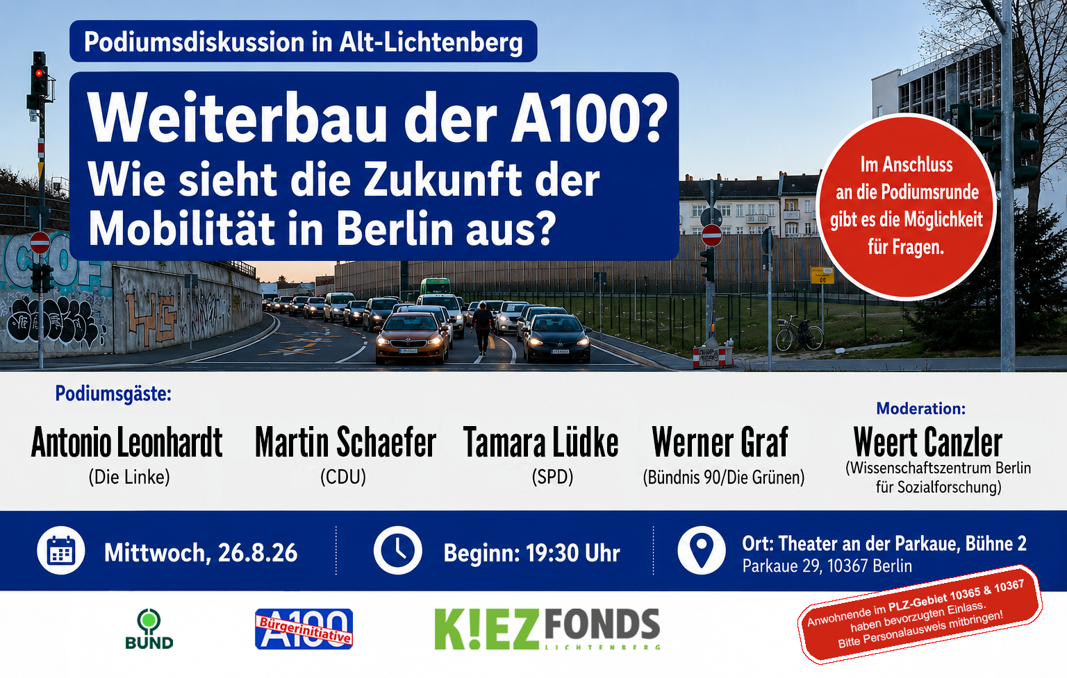 Podiumsdiskussion am 26.8.: Weiterbau der A100?
